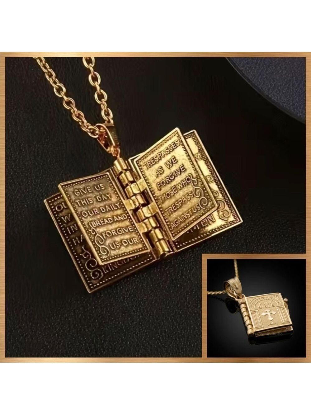 Holy Bible with The Lord's Prayer Necklace / Pendant #1107 (gold tone)